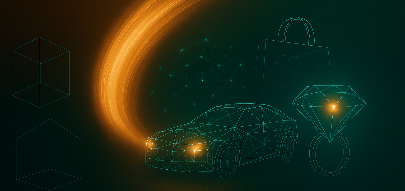 Abstract XCAI visualization representing key industries: automotive, retail, real-estate, luxury and devices